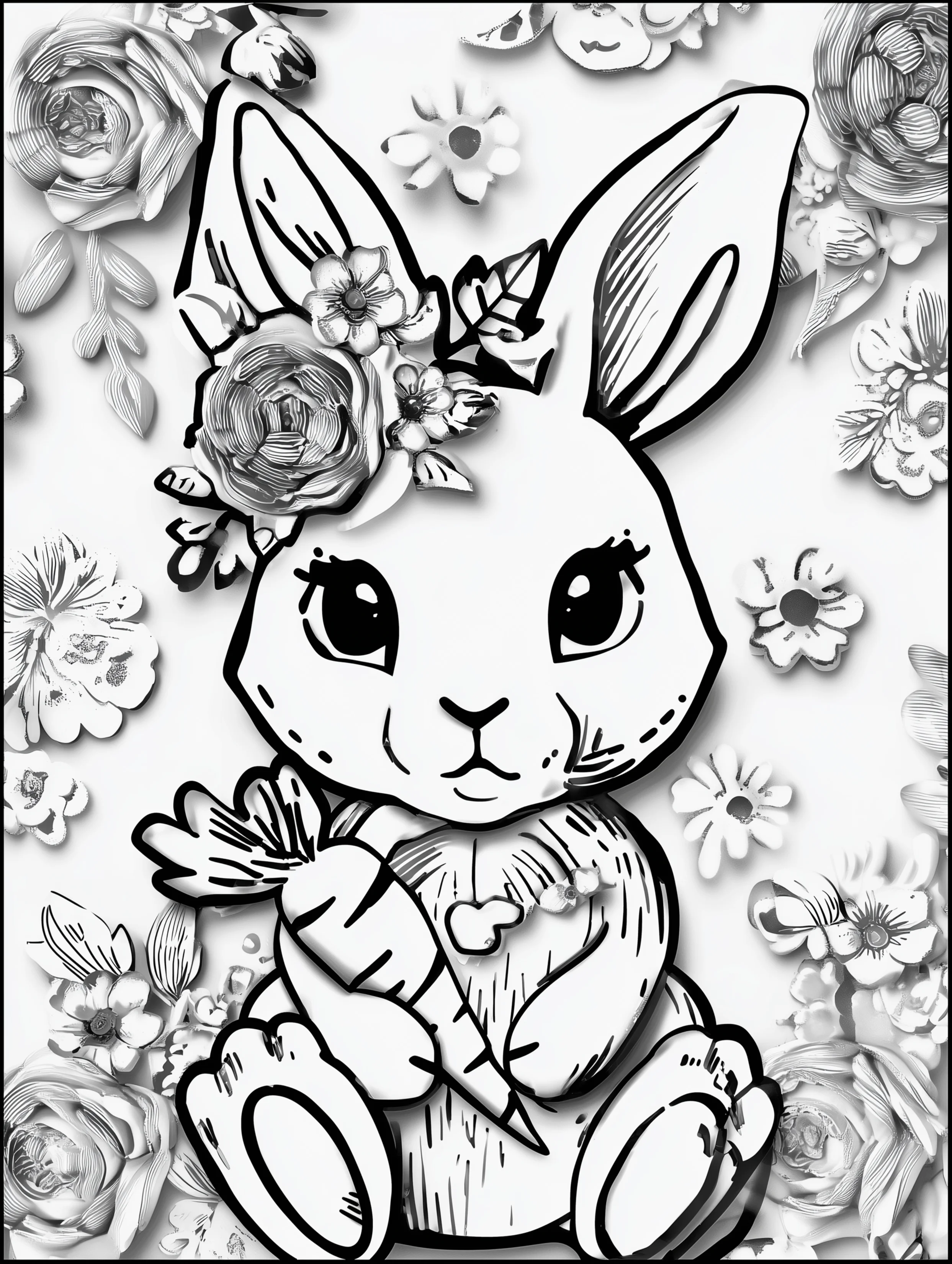 Free printable rabbit coloring page for adults featuring a rabbit holding a carrot